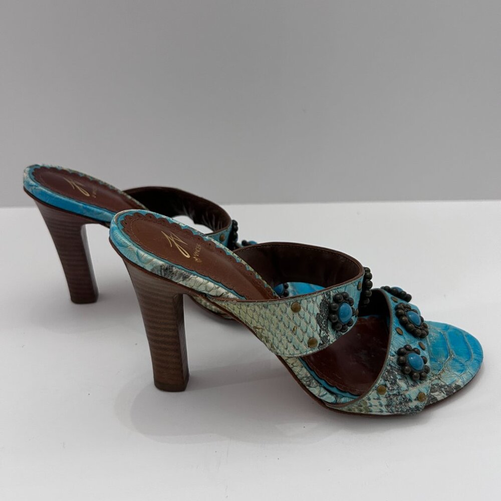 J Vincent Turquoise Blue Grommets Leather Strap Heeled Sandal Pump 6M Italy‎